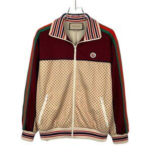 Gucci Beige & Burgundy GG Monogram Track Jacket With Striped Collar & Zip Closur